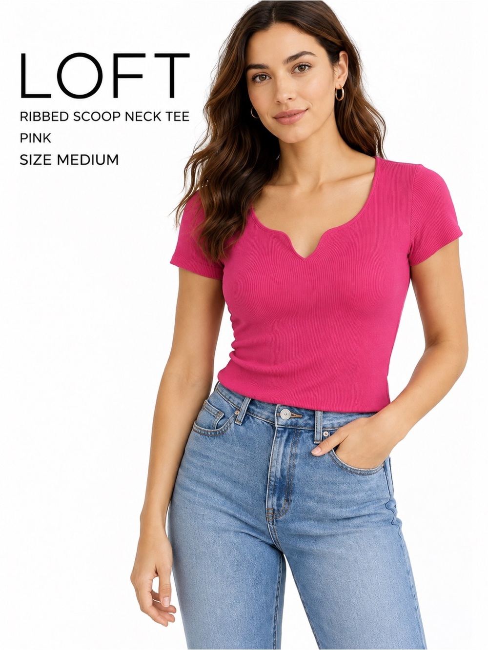 LOFT Pink Ribbed Scoop Notch Neck Tee Size M NWT stretch